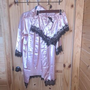 Elegant Pink Satin Robe and Shorts Set with Black Lace Trim
